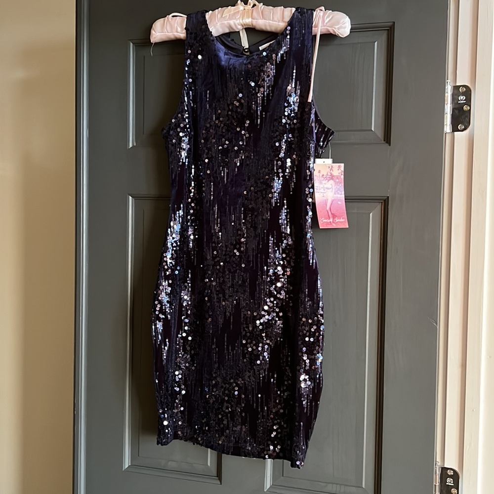 Gorgeous navy blue Emerald Sundae sequin and velvet cocktail dress